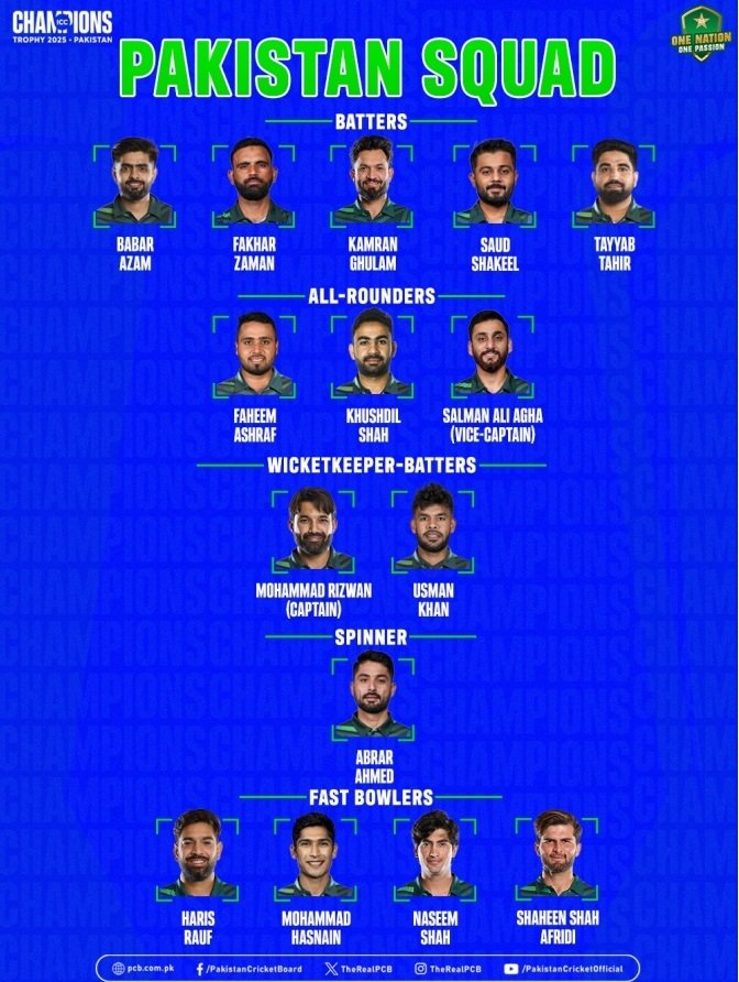 Pakistan's 15-man squad for ICC Champions Trophy 2025 (Photo: PCB)